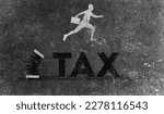 Small photo of Young Businessman Jumps From Spring Over Tax Text. Concept of Tax Evasion and Avoidance. Wall Grunge Style Illustration Business Scene