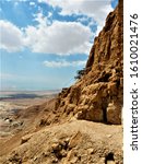 Small photo of View from the ruins of the Zealot Fortress to the plain of the drying Dead Sea. Masada, Israel.