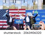 Small photo of Richmond, Virginia, USA- October 23rd, 2021: Former President Barack Obama waves to the crowd with the Virginia Democratic Ticket at a rally for Terry McAuliffe in Richmond Virginia.