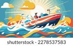 Person enjoying a light summer day out on a speedboat with the sun shining bright and waves splashing around. Flat vector summer watersport illustration concept. Gadget-free vacation