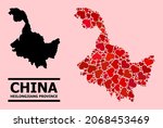 Love collage and solid map of Heilongjiang Province on a pink background. Collage map of Heilongjiang Province created with red lovely hearts. Vector flat illustration for love concept illustrations.