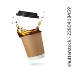 Small photo of falling disposable paper cup with coffee splash isolated on white background