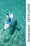 Aerial drone photo of man practising SUP or Stand Up Paddle with his dog in tropical exotic emerald bay