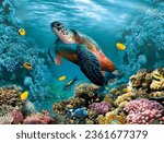 Sea coral turtle underwater...