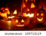 closeup of scary halloween pumpkins