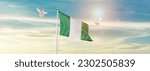 Small photo of Waving flag of Nigeria in beautiful sky. Nigeria flag for independence day.