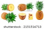 Small photo of Collection pineapple isolated on white background. Clipping path pineapple. Pineapple macro studio photo