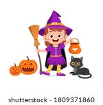 happy cute little kid boy and girl celebrate Halloween wears witch costume