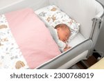 Small photo of A newborn baby girl sleeping on a pillow in the crib at home, a bedside sleeper for a small baby. Nursery bed for Infants, 9 Adjustable height for bed sofa, breathable Mesh, Easy Assemble.