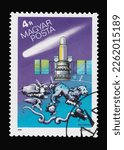 Small photo of Ankara,Turkiye -Feb.14.2023 : A Hungary postage stamp shows European Space Agency Giotto and the Three Magi, Halley's Comet series. Circa 1986...