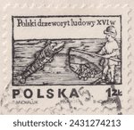 Small photo of Ankara,Turkiye - 02.28.2024 : A postage stamp printed in Poland. Series: 'Designs from 16th century woodcuts', circa 1977.