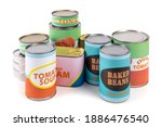 Small photo of a collection of generic labelled food tins or cans, tomatoes, beans, tuna and soup isolated on white