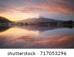 Fuji mountain reflection on water with sunrise landscape,Fuji mountain at kawaguchiko lake, Japan