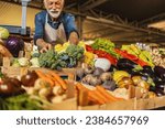 Small photo of A mature Caucasian vegetable owner arranging vegetables at his stall getting ready for the day.
