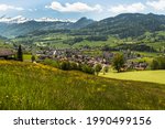 The village of Neu St. Johann in Toggenburg, in the background the Churfirsten, Canton St. Gallen, Switzerland