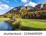 Small photo of View across the danube to the Hausener Zinnen in autumn, Upper Danube Nature Park, Swabian Alb, Baden-Wuerttemberg, Germany