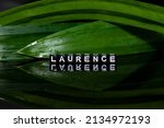 Small photo of Mote alphabet blocks arranged into "Laurence" on a pandanus leaf background.