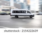 Small photo of Moscow, Russia - February 2022: Mercedes-Benz Sprinter van vehicle on city road. Fast moving car on street. Passenger van is fast transport in a city. Luxury shuttle bus van in motion
