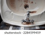 Small photo of Image of a sink in a state of disrepair, an obsolete and unused object on a background of old wood. Housing renovation concept.