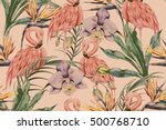 tropical flowers  palm leaves ... | Shutterstock .eps vector #500768710
