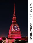 Small photo of Eurovision Song Contest logo projected on the Mole Antonelliana. The 66th edition will be held in Turin in May . Turin, Italy - February 2022