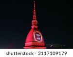 Small photo of Eurovision Song Contest logo projected on the Mole Antonelliana. The 66th edition will be held in Turin in May . Turin, Italy - February 2022