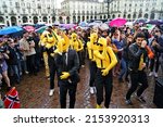 Small photo of Flash mob among Subwoolfer fans to dance together Give That Wolf A Banana. The EuroVision Song Contest 2022 in Turin, Italy. TURIN, ITALY - MAY 2022