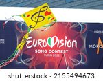 Small photo of Eurovision Song Contest 2022 logo outside the Arena, venue of the finals. Turin, Italy - May 2022