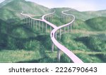 Concept art of surreal road, way, lost, life and endless. conceptual 3d illustration. mysteryof building in nature landscape. painting artwork. 