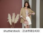 High fashion photo of a beautiful elegant young asian woman in sandy brown jacket, blazer, cream skirt, top, necklace, bracelets. Studio Shot. Rosy brown and Striped Corrugated Wall, dry branches.  