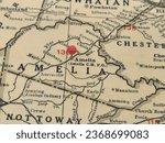 Small photo of Amelia County, VA vintage map marked by a red tack.