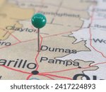 Small photo of Dumas, Texas marked by a green map tack. The City of Dumas is the county seat of Moore County, TX.