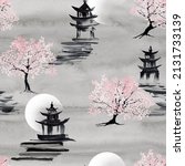 Cherry blossom trees. Pagoda, moon, Japanese scenery seamless pattern. Sakura watercolor landscape. Asian theme. Oriental illustration