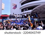 Small photo of View of Sri Lankan Cricket team members celebrate their victory during the Asia Cup Twenty20 tournament in Dubai, retuning to Colombo, Sri Lanka. 13th September 2022