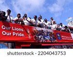 Small photo of View of Sri Lankan Cricket team members celebrate their victory during the Asia Cup Twenty20 tournament in Dubai, retuning to Colombo, Sri Lanka. 13th September 2022