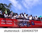 Small photo of View of Sri Lankan Cricket team members celebrate their victory during the Asia Cup Twenty20 tournament in Dubai, retuning to Colombo, Sri Lanka. 13th September 2022