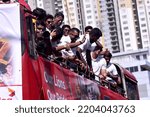 Small photo of View of Sri Lankan Cricket team members celebrate their victory during the Asia Cup Twenty20 tournament in Dubai, retuning to Colombo, Sri Lanka. 13th September 2022