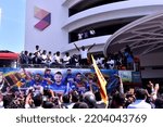 Small photo of View of Sri Lankan Cricket team members celebrate their victory during the Asia Cup Twenty20 tournament in Dubai, retuning to Colombo, Sri Lanka. 13th September 2022