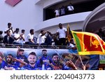 Small photo of View of Sri Lankan Cricket team members celebrate their victory during the Asia Cup Twenty20 tournament in Dubai, retuning to Colombo, Sri Lanka. 13th September 2022