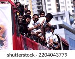 Small photo of View of Sri Lankan Cricket team members celebrate their victory during the Asia Cup Twenty20 tournament in Dubai, retuning to Colombo, Sri Lanka. 13th September 2022