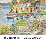 Seascape with boats and houses. Mediterranean landscape with sea bay. The sea, boats, houses with tiled roofs. Hand drawn pastel illustration. For printing postcards, posters.