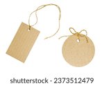 Small photo of set of brown tags with cord or thread made of natural craft paper and cardboard. Different shapes and positions. Light colored thread. Cut out on a blank background.