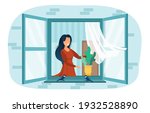 Smiling female neighbor girl dreaming at open window. Cheerful woman opened window. Little birds are sitting on the window near plant. Happy girl is enjoing fresh air. Flat cartoon vector illustration