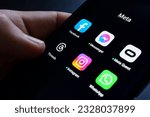 Small photo of All Meta Platforms apps on the screen of smartphone Facebook, Instagram, WhatsApp, Messenger, Threads, Meta Quest, Workplace. Concept Stafford, United Kingdom, July 6, 2023