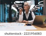 Small photo of Pensive senior female executive manager with gray hair in formal wear thinking on project matters while sitting at desk with netbook and papers in office