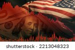 Small photo of Stock market trading graph in red color economy. usa flag dollar bill background. Trading trends and economic development. Effect of recession on US economy. Stock crash market exchange loss trading
