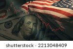 Small photo of Stock market trading graph in red color economy. usa flag dollar bill background. Trading trends and economic development. Effect of recession on US economy. Stock crash market exchange loss trading