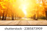 Small photo of Concept Autumn nature and product advertising. copy space. The empty rustic wooden table for product display with blur background of autumn forest. Exuberant image. background of autumn landscape.