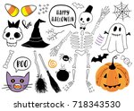 halloween set with pumpkin ... | Shutterstock .eps vector #718343530