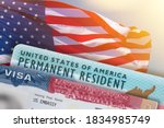 VISA United States of America. Green Card US Permanent resident. Work and Travel documents. US Immigrant.  Visa for Immigration. Embassy USA. Visa in passport.